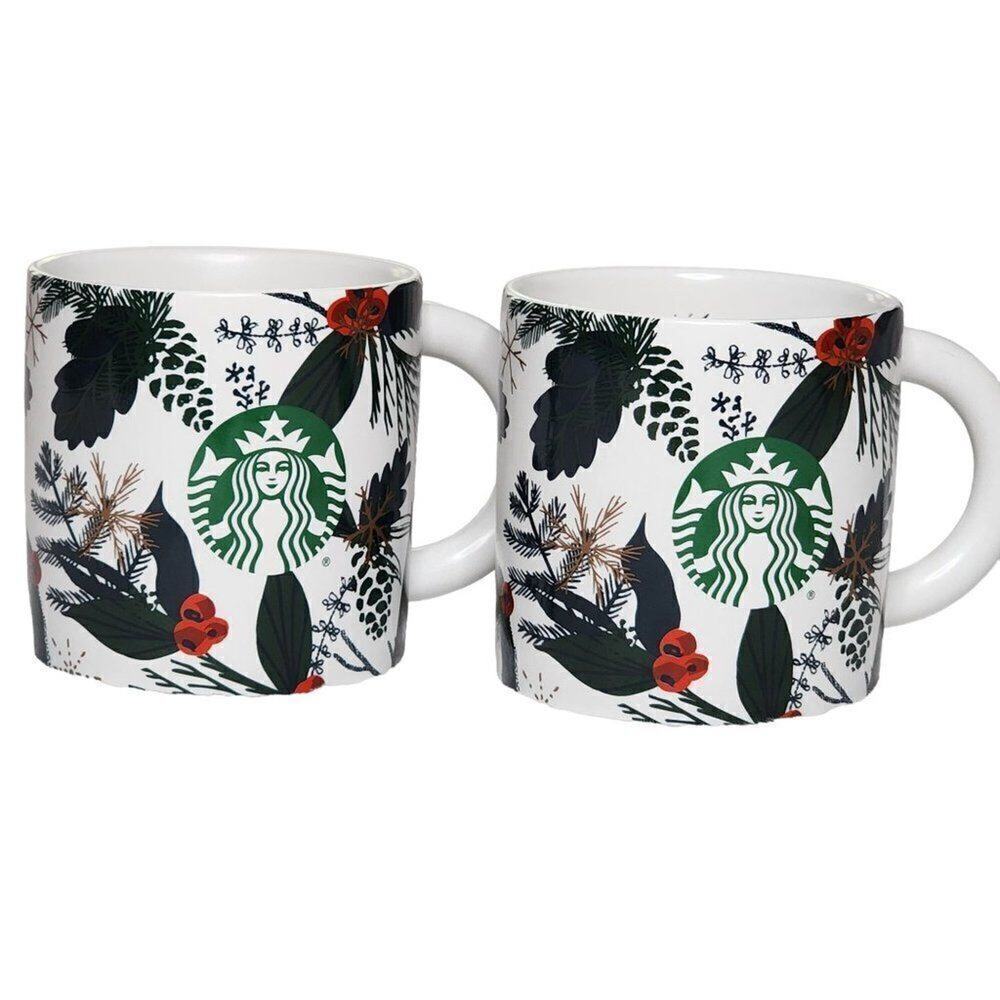 Starbucks Coffee Mugs, 12 fl oz Christmas Holly Berry Ceramic Drinking Mugs, 2Ct
